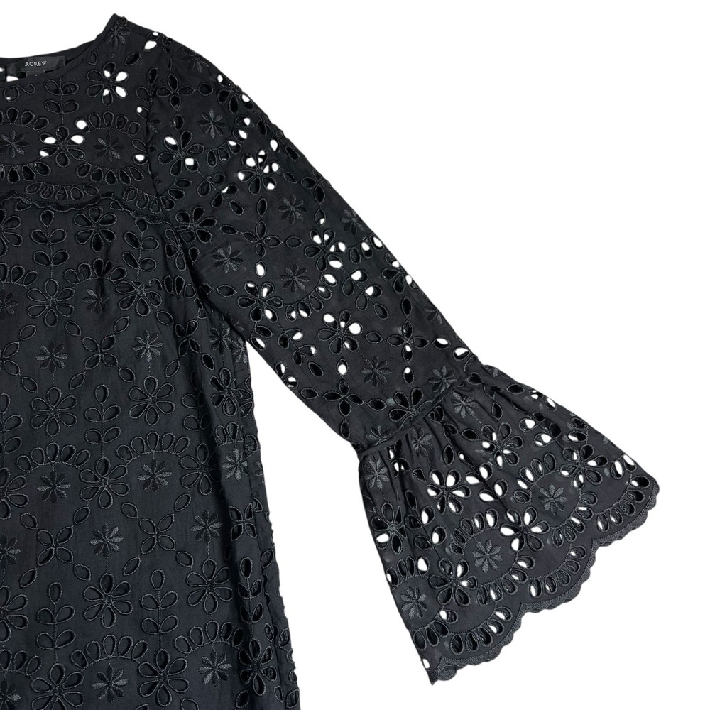 J.Crew Womens 4 Black Bell Sleeve Embroidered Eyelet Scalloped Hem Shift Dress - Picture 4 of 6